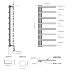 Brenton Steller Matt White Flat Panel Heated Towel Rail - 1150 X 500mm -Vado Shop brenton steller 1150x500mm towel rail tech drawing