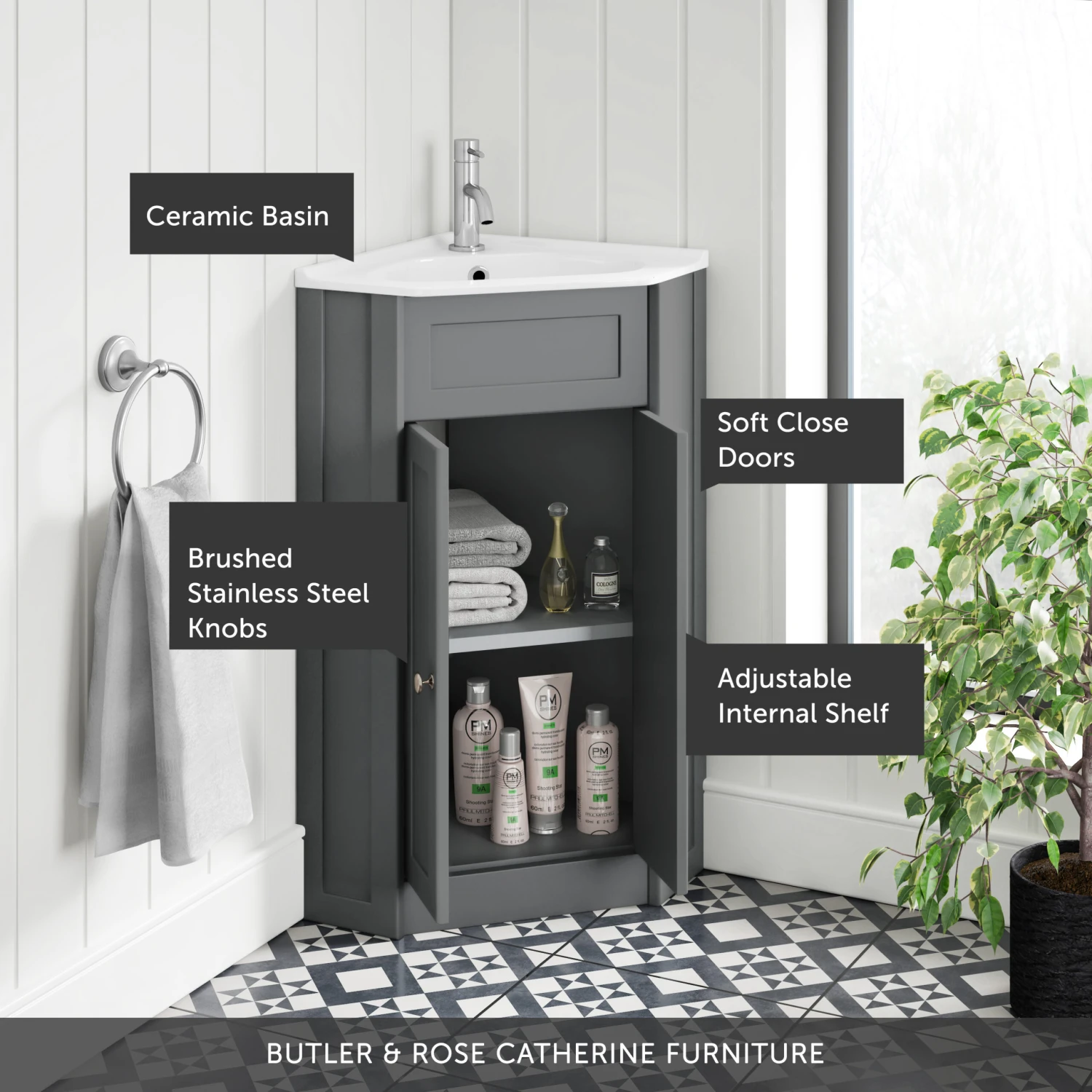 Butler & Rose Catherine Corner Cloakroom Traditional Vanity Unit - Matt Grey 2 Butler & Rose Catherine Corner Cloakroom Traditional Vanity Unit - Matt Grey - Image 2