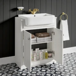 Butler & Rose Darcy Traditional Floorstanding Vanity Unit With Belfast Basin - Chalk White -Vado Shop butler and rose belfast white vanity unit lifestyle 2 scaled