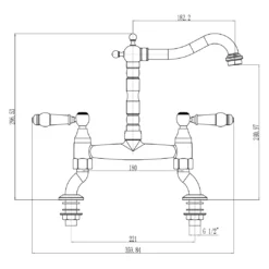 Butler & Rose Carlton Traditional Polished Chrome Kitchen Bridge Mixer And Complete Filter Kit -Vado Shop butler and rose bridge kitchen tap with levers technical drawing 1