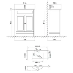 Butler & Rose Catherine Traditional 800mm Floorstanding Vanity Unit With Basin - Shadow Grey -Vado Shop butler rose catherine 800mm unit tech drawing