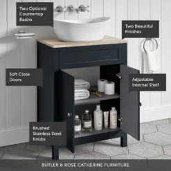 Butler & Rose Catherine Floorstanding Shadow Grey Vanity Unit With Country Oak-Effect Countertop & Audrey Stone Resin Basin -Vado Shop butler rose catherine shadow grey 600 floor callout