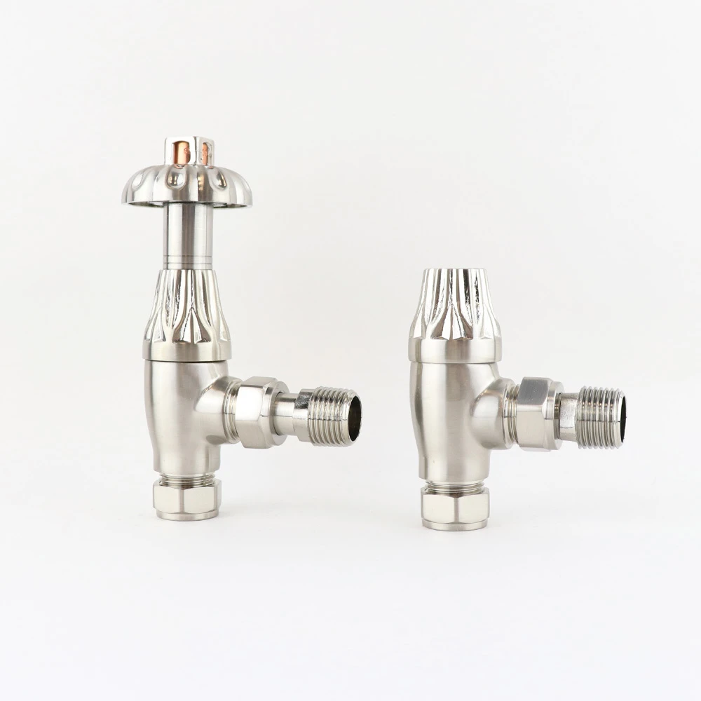 Butler & Rose Westminster Ornate Thermostatic Angled Radiator Valves - Satin Nickel 1 Butler & Rose Westminster Ornate Thermostatic Angled Radiator Valves - Satin Nickel