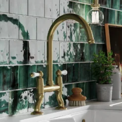 Clearwater Elegance Twin Lever Bridge Sink Mixer With Swivel Spout - Brushed Bronze -Vado Shop clearwater elegance bridge kitchen tap brushed bronze lifestyle