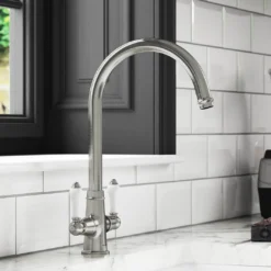 Clearwater Elegance Twin Lever Mono Sink Mixer With Swivel Spout - Brushed Bronze -Vado Shop clearwater elegance mono kitchen tap brushed nickel lifestyle