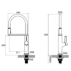 Clearwater Galex WRAS Approved Single Lever Mono Pull Out Kitchen Mixer And Cold Filtered Water Tap - Matt Black -Vado Shop clearwater galex filter pull out kitchen tap tech drawing