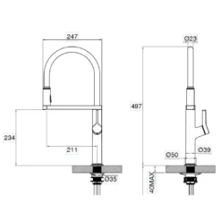 Clearwater Galex Motion WRAS Approved Touchless Single Lever Mono Pull Out Kitchen Mixer - Brushed Nickel -Vado Shop clearwater galex motion pull out kitchen tap tech drawing