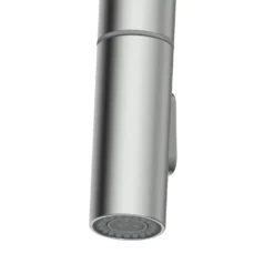 Clearwater Kira Twin Lever Mono Pull Out Kitchen Mixer - Brushed Brass -Vado Shop clearwater kira mono brushed nickel pull out kitchen mixer closeup 1