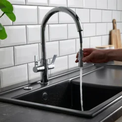 Clearwater Kira Twin Lever Mono Pull Out Kitchen Mixer - Brushed Brass -Vado Shop clearwater kira mono chrome pull out kitchen mixer lifestyle 2