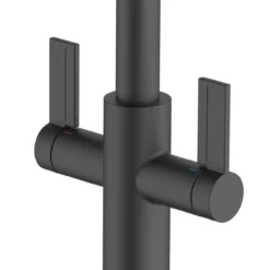 Clearwater Kira Twin Lever Mono Pull Out Kitchen Mixer - Brushed Brass -Vado Shop clearwater kira mono matt black pull out kitchen mixer closeup 2