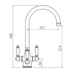Clearwater Krypton Triple Lever Mono Kitchen Mixer And Cold Filtered Water Tap - Brushed Brass -Vado Shop clearwater krypton filtered water kitchen mixer technical drawing