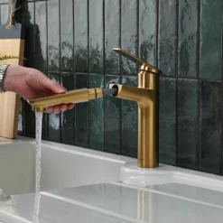 Clearwater Levant Single Lever Mono Pull Out Kitchen Mixer Tap - Brushed Brass -Vado Shop clearwater levant brushed brass mono pull out kitchen mixer lifestyle 2