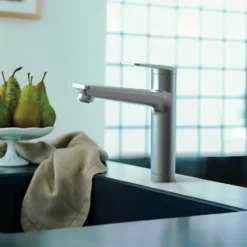 Clearwater Levant Single Lever Mono Pull Out Kitchen Mixer Tap - Brushed Brass -Vado Shop clearwater levant brushed nickel mono pull out kitchen mixer lifestyle