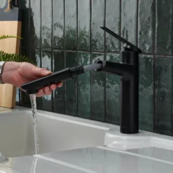 Clearwater Levant Single Lever Mono Pull Out Kitchen Mixer Tap - Brushed Brass -Vado Shop clearwater levant matt black mono pull out kitchen mixer lifestyle 2