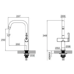 Clearwater Mariner WRAS Approved Single Lever Mono Kitchen Mixer And Cold Filtered Water Tap - Polished Chrome -Vado Shop clearwater mariner filtered water kitchen mixer tech drawing