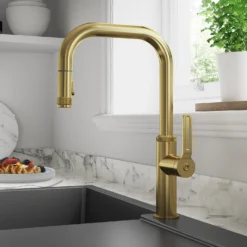 Clearwater Pioneer WRAS Approved Single Lever Industrial-Style Mono Pull Out Kitchen Mixer Tap - Brushed Nickel -Vado Shop clearwater pioneer brushed brass pull out kitchen tap lifestyle
