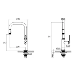 Clearwater Pioneer WRAS Approved Single Lever Industrial-Style Mono Pull Out Kitchen Mixer Tap - Brushed Nickel -Vado Shop clearwater pioneer pull out kitchen tap tech drawing