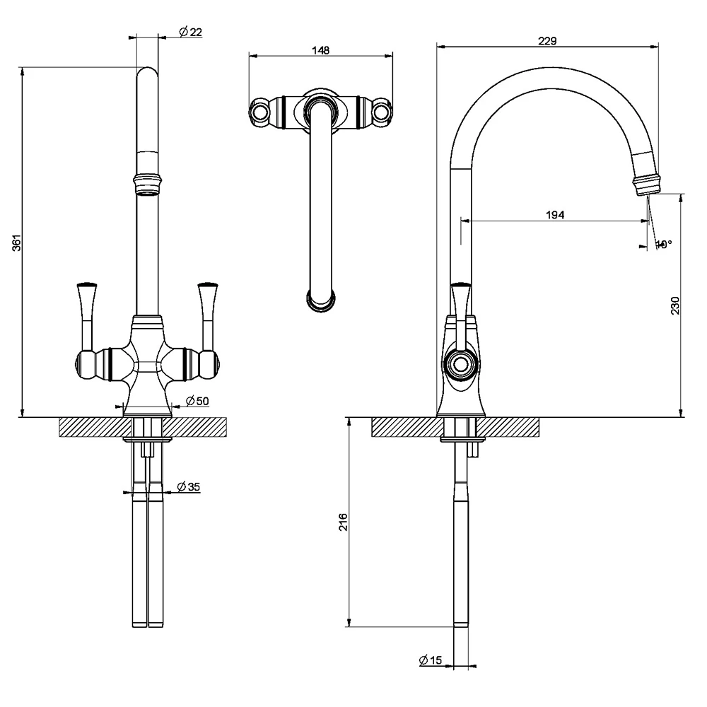 Clearwater Regent Twin Lever Mono Sink Mixer With Swivel Spout - Brushed Nickel 5 Clearwater Regent Twin Lever Mono Sink Mixer With Swivel Spout - Brushed Nickel - Image 5