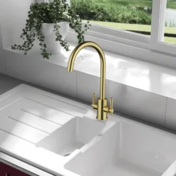 Clearwater Rococo WRAS Approved Twin Lever Mono Kitchen Mixer - Matt Black -Vado Shop clearwater rococo twin lever mono kitchen tap artisan brass lifestyle