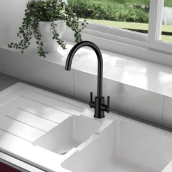 Clearwater Rococo WRAS Approved Twin Lever Mono Kitchen Mixer - Matt Black -Vado Shop clearwater rococo twin lever mono kitchen tap matt black lifestyle