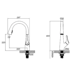 Clearwater Rosetta WRAS Approved Single Lever Mono Pull Out Kitchen Mixer And Cold Filtered Water Tap - Matt Black -Vado Shop clearwater rosetta filter pull out tap tech drawing