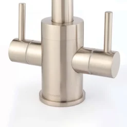 Clearwater Savita WRAS Approved Twin Lever Mono Kitchen Mixer With 'Twist & Spray' Spout - Brushed Nickel -Vado Shop clearwater savita brushed nickel mono kitchen mixer closeup