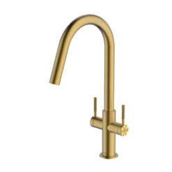 Clearwater Topaz Twin Lever Mono Kitchen Mixer With 'Twist & Spray' Spout And Knurled Handles - Brushed Brass -Vado Shop clearwater topaz brushed brass mono kitchen mixer cutout