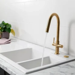 Clearwater Topaz Twin Lever Mono Kitchen Mixer With 'Twist & Spray' Spout And Knurled Handles - Brushed Brass