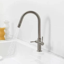 Clearwater Topaz Twin Lever Mono Kitchen Mixer With 'Twist & Spray' Spout And Knurled Handles - Brushed Brass -Vado Shop clearwater topaz brushed nickel mono kitchen mixer lifestyle 2