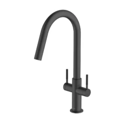 Clearwater Topaz Twin Lever Mono Kitchen Mixer With 'Twist & Spray' Spout And Knurled Handles - Brushed Brass -Vado Shop clearwater topaz matt black mono kitchen mixer cutout