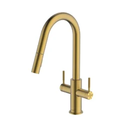 Clearwater Topaz Twin Lever Mono Pull Out Kitchen Mixer With Knurled Handles - Brushed Brass -Vado Shop clearwater topaz mono brushed brass pull out kitchen mixer cutout