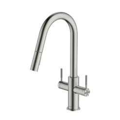 Clearwater Topaz Twin Lever Mono Pull Out Kitchen Mixer With Knurled Handles - Brushed Brass -Vado Shop clearwater topaz mono brushed nickel pull out kitchen mixer cutout