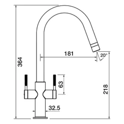 Clearwater Topaz Twin Lever Mono Kitchen Mixer With 'Twist & Spray' Spout And Knurled Handles - Brushed Brass -Vado Shop clearwater topaz mono kitchen mixer tech drawing