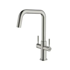 Clearwater Topaz Twin Lever Mono Kitchen Mixer With 'Twist & Spray' U Spout And Knurled Handles - Brushed Brass -Vado Shop clearwater topaz u brushed nickel mono kitchen mixer cutout