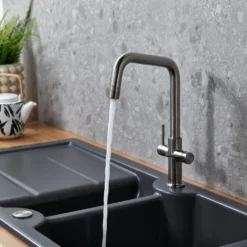 Clearwater Topaz Twin Lever Mono Kitchen Mixer With 'Twist & Spray' U Spout And Knurled Handles - Brushed Brass -Vado Shop clearwater topaz u brushed nickel mono kitchen mixer lifestyle 1