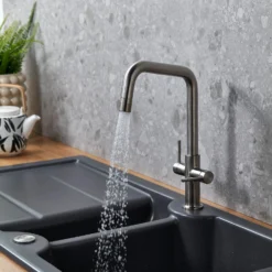 Clearwater Topaz Twin Lever Mono Kitchen Mixer With 'Twist & Spray' U Spout And Knurled Handles - Brushed Brass -Vado Shop clearwater topaz u brushed nickel mono kitchen mixer lifestyle 2