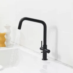 Clearwater Topaz Twin Lever Mono Kitchen Mixer With 'Twist & Spray' U Spout And Knurled Handles - Brushed Brass -Vado Shop clearwater topaz u matt black mono kitchen mixer lifestyle 2