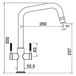 Clearwater Topaz Twin Lever Mono Kitchen Mixer With 'Twist & Spray' U Spout And Knurled Handles - Brushed Brass -Vado Shop clearwater topaz u mono kitchen mixer tech drawing