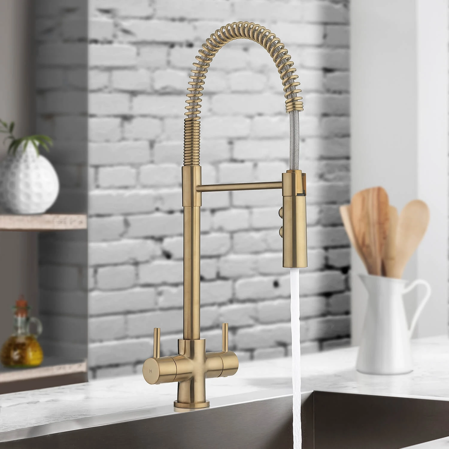 Crosswater Cucina Cook Dual Control Mono Kitchen Mixer With Flexi Spray - Brushed Brass 1 Crosswater Cucina Cook Dual Control Mono Kitchen Mixer With Flexi Spray - Brushed Brass