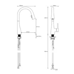 Crosswater Cucina Cook Mono Kitchen Mixer With Concealed Dual Function Pull Out Spray - Brushed Brass -Vado Shop crosswater cucina cook mono pull out kitchen tap co714 tech drawing 1