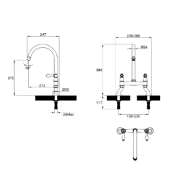 Clearwater Elegance Twin Lever Bridge Sink Mixer With Swivel Spout - Brushed Bronze -Vado Shop cw elegance twin level bridge sink mixer drawing
