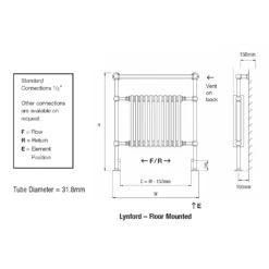 DQ Heating Lynford Floor Mounted Traditional Heated Towel Rail - 952 X 685mm - Polished Gold -Vado Shop dq lynford floor mounted radiaror tech drawing