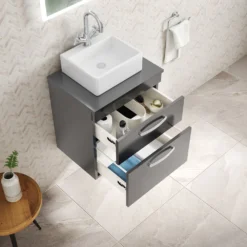 Emily 500mm Wall Mounted Natural Oak 2 Drawer Unit And Hudson Reed Round Countertop Basin 17 Emily 500mm Wall Mounted Natural Oak 2 Drawer Unit And Hudson Reed Round Countertop Basin -Vado Shop drench emily 500 wall hung unit worktop 2drawer gloss grey lifestyle3 1