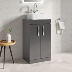 Emily 500mm Floorstanding Unit And Countertop - Gloss White - Square Hudson Reed Countertop Basin -Vado Shop drench emily 500mm floor standing unit worktop doors gloss grey lifestyle1