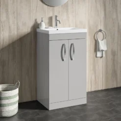 Emily 500mm Floorstanding Vanity Unit & Minimalist Basin - Gloss White 11 Emily 500mm Floorstanding Vanity Unit & Minimalist Basin - Gloss White -Vado Shop drench emily 500mm floorstanding 2door unit mid edged basin gloss grey mist lifestyle1
