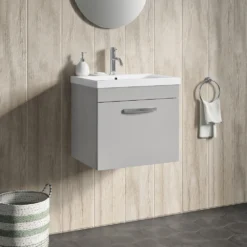 Emily 500mm Wall Mounted 1 Drawer Vanity Unit & Mid-Edged Basin - Hacienda Black -Vado Shop drench emily 500mm wall hung unit 1drawer mid edge basin gloss grey mist lifestyle1