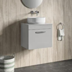 Emily 500mm Wall Mounted Natural Oak 1 Drawer Unit -Vado Shop drench emily 500mm wall hung unit worktop gloss grey mist lifestyle1