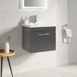 Emily 500mm Wall Mounted 1 Drawer Vanity Unit & Mid-Edged Basin - Hacienda Black -Vado Shop drench emily 500mm wall hung vanity 1drawer mid edge basin gloss grey lifestyle1