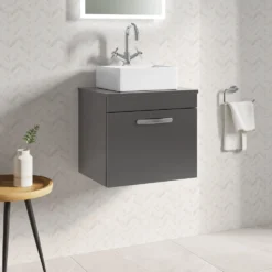 Emily 500mm Wall Mounted Natural Oak 1 Drawer Unit -Vado Shop drench emily 500mm wall hung vanity worktop 1drawer gloss grey lifestyle1