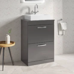Emily 600mm Floorstanding 2 Drawer Unit In Natural Oak And Alana 460mm Countertop Basin -Vado Shop drench emily 600mm 2drawer floor standing unit worktop gloss grey lifestyle
